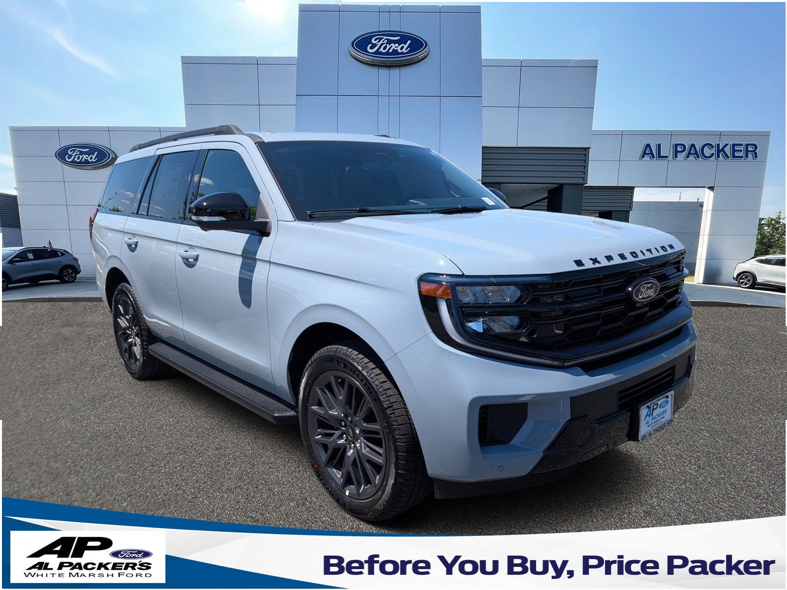 2026 Ford Expedition Platinum in Glacier Gray Metallic Tri-Coat — front three-quarter view